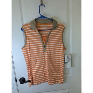 Activology Womens XL Orange White Striped Sleeveless Polo V-Neck Cotton Top NWT